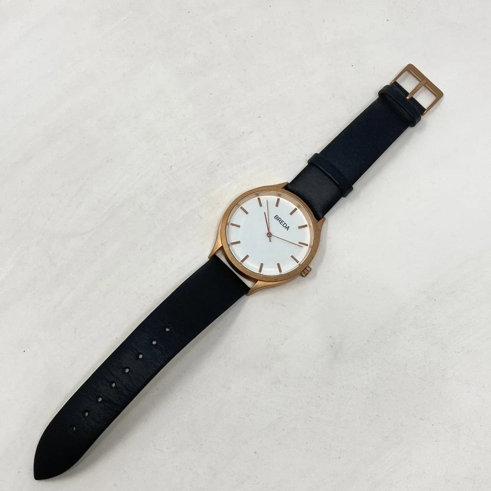 Breda Watch Men Women 40mm Rose Gold Tone Matte Black Leather New Battery 9